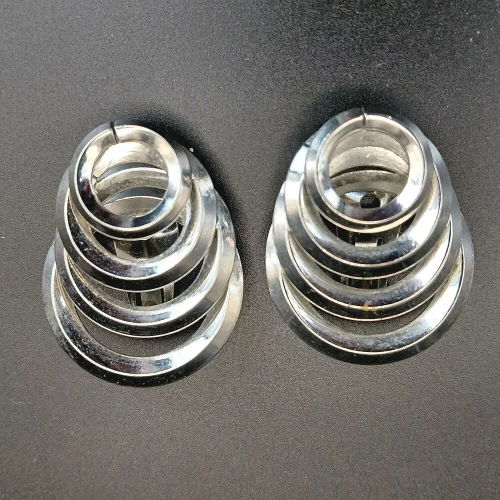 Vintage Space Age Chrome Clip On Earrings 1980s Geometric Concentric Spiral